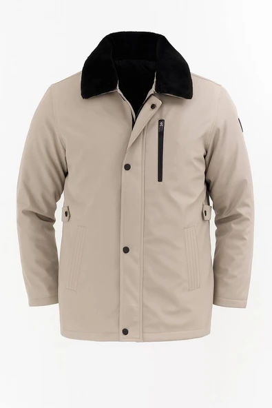 Erkek Krem Yakası Çıkartılabilir Kürklü Su İtici İçi Kürklü Kaban – Rüzgar Geçirmez, Hafif ve Dayanıklı