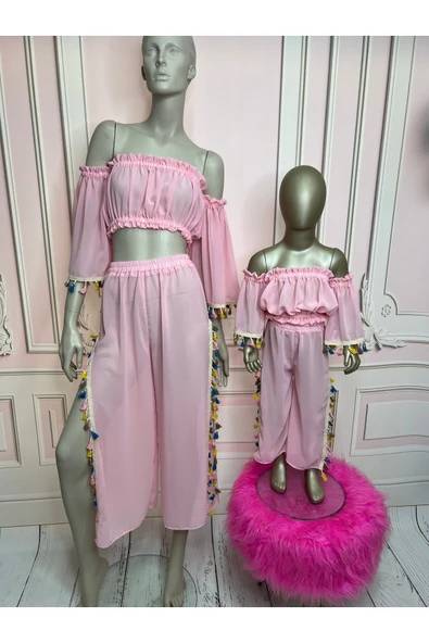 Anne kız plaj takım, pembe plaj pantalonu (SEPETE AYRI EKLENMELİDİR, FİYATLARI AYRIDIR) ürün görseli