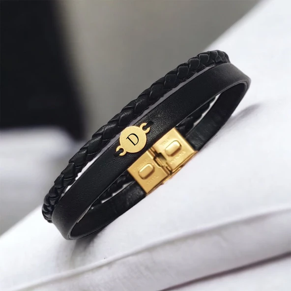 14 Ayar Altın Plakalı Harfe Özel Doğal Siyah Derili Yuvarlak Motifli Hediye Bileklik-547 ürün görseli