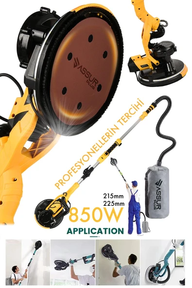 Assur Plus 850W Alçıpan Duvar Zımpara Makinası 360° Ledli Toz Emmeli - Resim 2