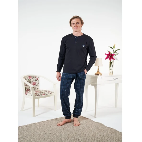 Estiva Penye İnterlok Kareli Uzun Kol Erkek Pijama Takım - Resim 4