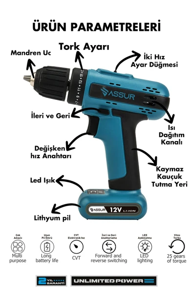 Assur Plus 12V Dahili Batarya Akülü Vidalama Şarjlı Matkap - Resim 2