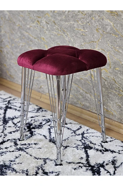 Kare Krom Kaplama Telli Ayaklı Tabure - Oturak - Bar Taburesi - Ayaklı Tabure Bordo Renk 48 x 33 Boyut/Ebat - 4