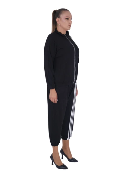 Kadın Büyük Beden Beyaz Şeritli Alt Üst Spor Şık Pamuk Takım - Resim 2