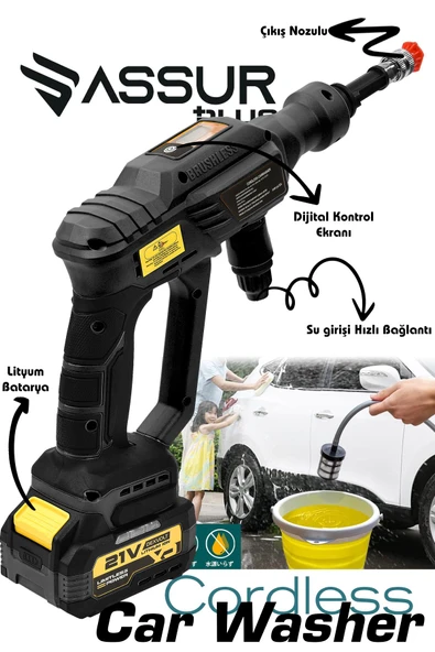 Assur Plus 21V Kömürsüz Motor Yüksek Basınçlı Akülü Oto Araba Yıkama Makinesi Şarjlı - Resim 2