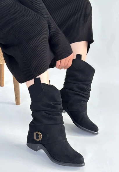 BİÇOMİ Canty Siyah Süet Körüklü Topuklu Çizme - Resim 2