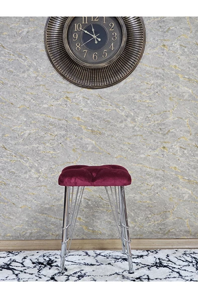 Kare Krom Kaplama Telli Ayaklı Tabure - Oturak - Bar Taburesi - Ayaklı Tabure Bordo Renk 48 x 33 Boyut/Ebat - 2