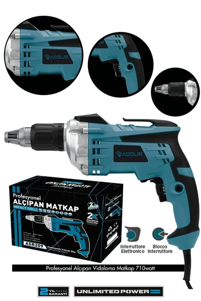 Assur 710W Elektrikli Matkap 90N.m Alçıpan Vidalama Tabancası - 1