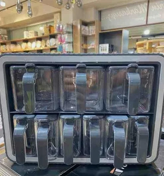 9'lu Standlı Kendinden Yapışkanlı Kaşıklı Kapaklı Baharatlık Takımı GRİ RENK - 3