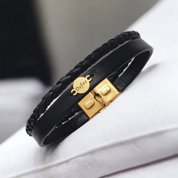 14 Ayar Altın Plakalı İsme Özel Yuvarlak Motifli Doğal Siyah Derili Hediye Bileklik-547 ürün görseli