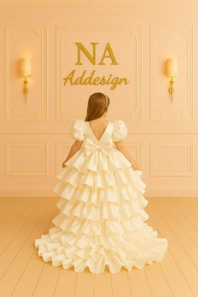 Kabarık Mezuniyet Elbisesi, Kat Kat Volanlı Kuyruklu Elbise – Gelinlik Sateni (Siyah & Beyaz) - Resim 6