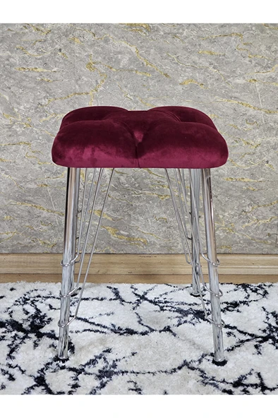 Kare Krom Kaplama Telli Ayaklı Tabure - Oturak - Bar Taburesi - Ayaklı Tabure Bordo Renk 48 x 33 Boyut/Ebat - 3