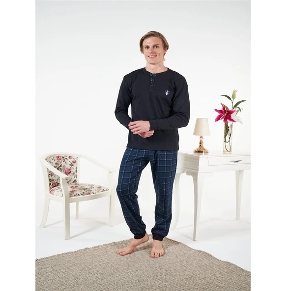 Estiva Penye İnterlok Kareli Uzun Kol Erkek Pijama Takım - Resim 3