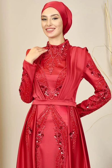 Önü Drapeli Kuyruklu Boncuk İşlemeli Miranda Tesettür Abiye Kırmızı - Resim 2