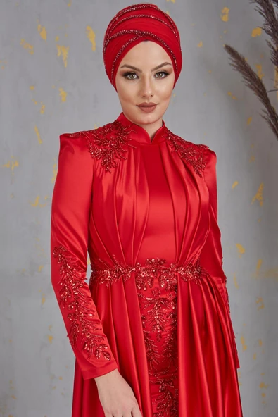 Karaca Önü Drapeli Aplikli Tesettür Abiye Kırmızı - Resim 2