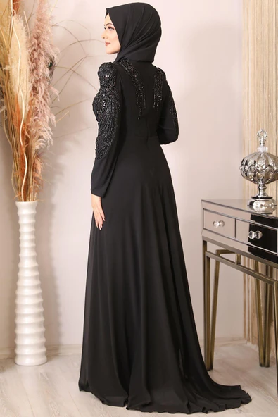 Güneş Boncuk İşlemeli Tesettür Tulum Siyah - Resim 3