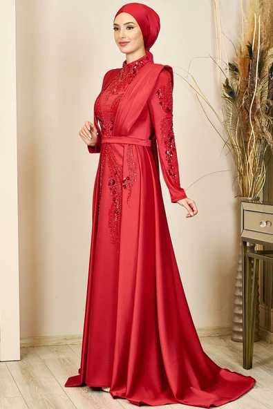 Önü Drapeli Kuyruklu Boncuk İşlemeli Miranda Tesettür Abiye Kırmızı - Resim 4