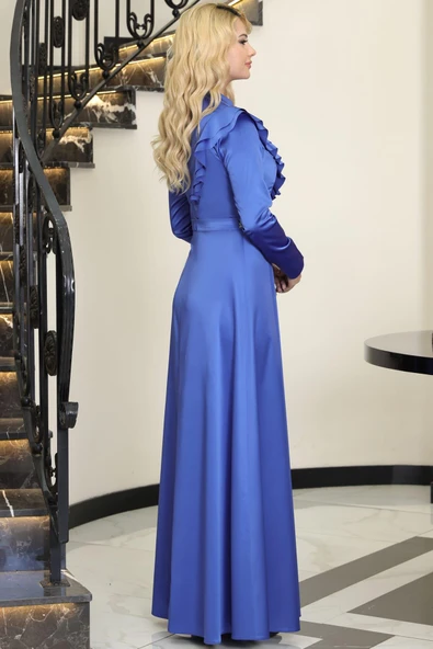 Ada Saten Taşlı Tesettür Abiye İndigo - Resim 3