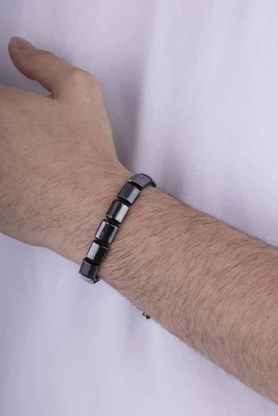 Gümüş Pazarım Dikdörtgen Kesim Hematit Taşlı Doğal Taş Erkek Bileklik - Resim 2