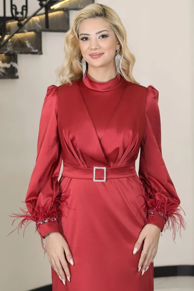 Lara Kemerli Saten Tesettür Abiye Kırmızı - Resim 2