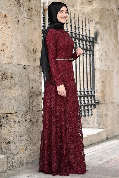 İpek Tesettür Abiye Bordo - Resim 3
