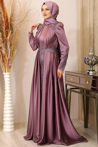 Karaca Önü Drapeli Aplikli Tesettür Abiye Gül Kurusu - Resim 3