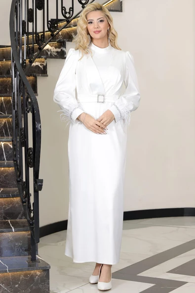 Lara Kemerli Saten Tesettür Abiye Beyaz - Resim 4