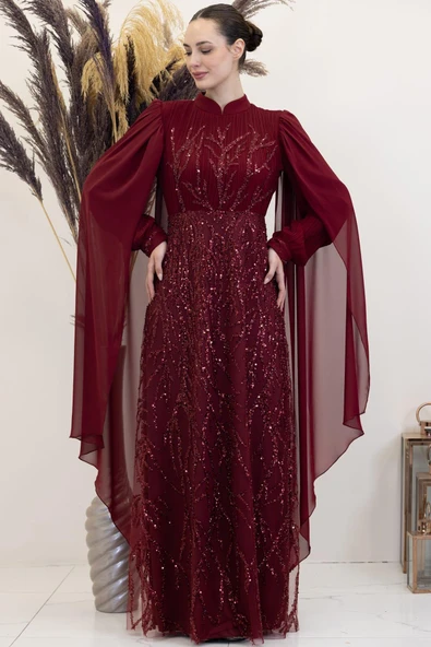 Kolları Pelerinli Ezgi Tesettür Abiye Bordo ürün görseli