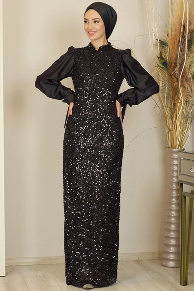 Balon Kollu Pul Payetli Azra Tesettür Abiye Siyah - Resim 4
