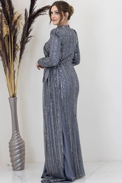 Bergüzar Tesettür Abiye Gri - Resim 3