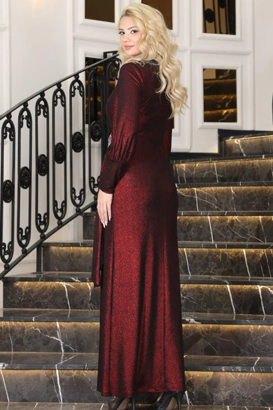 Açelya Sarkaçlı Taşlı Tesettür Abiye Bordo - Resim 5