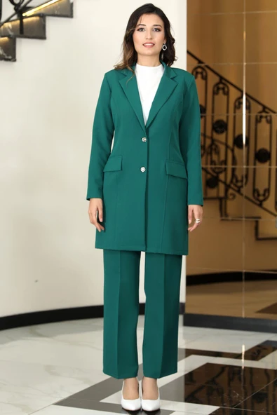 Parla Uzun Ceket Pantolon İkili Tesettür Takım Zümrüt ürün görseli