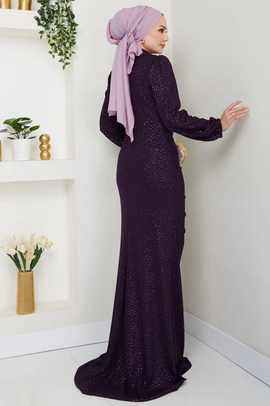 Puantiye Desenli Rüya Tesettür Abiye Mürdüm - Resim 3