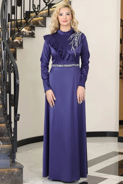 Ada Saten Taşlı Tesettür Abiye Lacivert ürün görseli