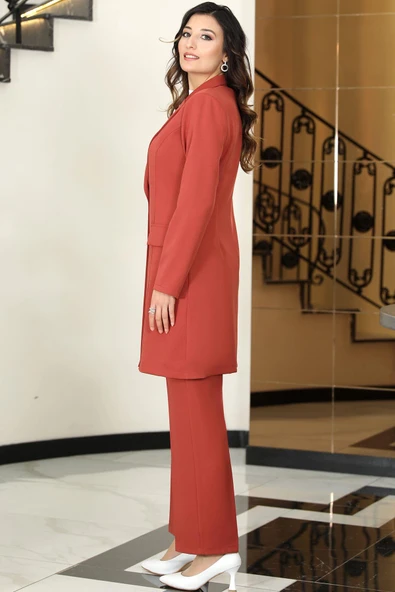 Parla Uzun Ceket Pantolon İkili Tesettür Takım Kiremit - Resim 3