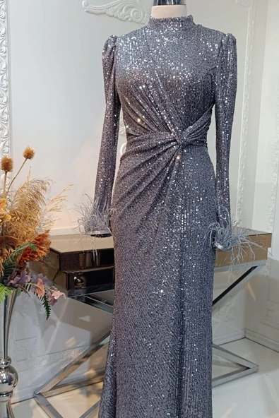 Hüma Tesettür Abiye Gümüş ürün görseli