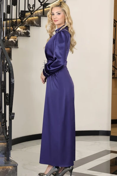 Lara Kemerli Saten Tesettür Abiye Lacivert - Resim 4