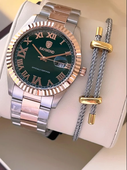 Raymond Nişan Ve Damatlara Özel Çelik Kordon 2 Yıl Garantili 5 Atm Erkek Kol Saati+Bileklik RMD.33