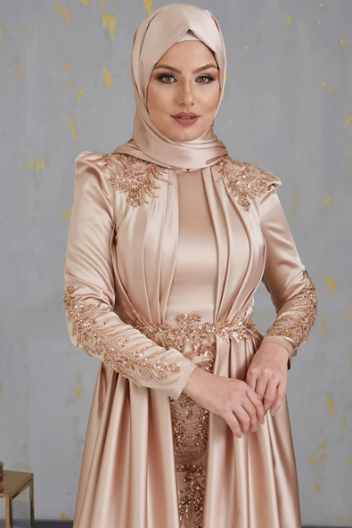 Karaca Önü Drapeli Aplikli Tesettür Abiye Gold - Resim 2