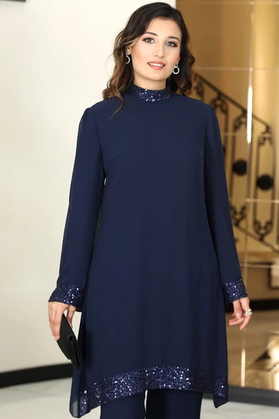 Umay Şifon Tunik Pantolon İkili Tesettür Takım Lacivert - Resim 2