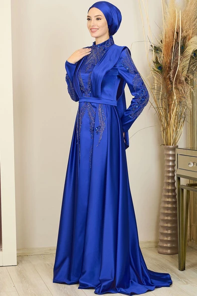 Önü Drapeli Kuyruklu Boncuk İşlemeli Miranda Tesettür Abiye Saks - Resim 4