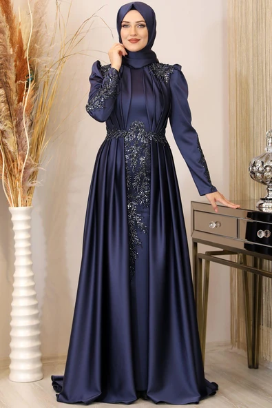 Karaca Önü Drapeli Aplikli Tesettür Abiye Lacivert ürün görseli