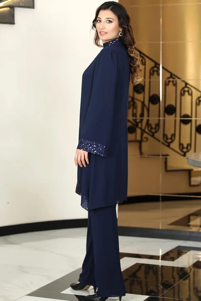 Umay Şifon Tunik Pantolon İkili Tesettür Takım Lacivert - Resim 3