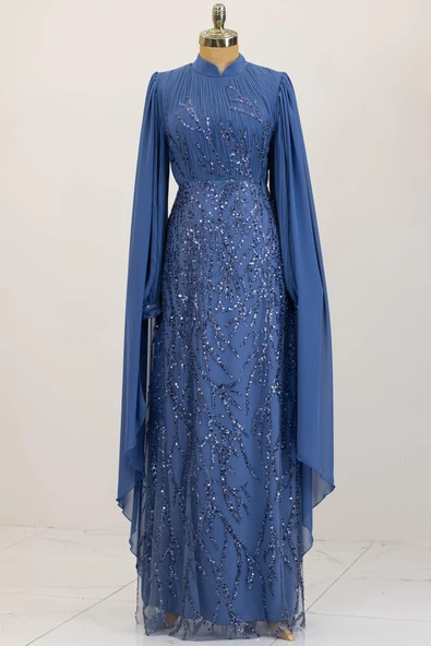 Kolları Pelerinli Ezgi Tesettür Abiye İndigo ürün görseli