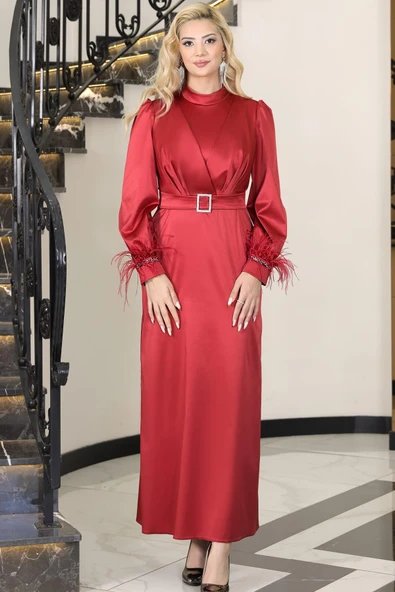 Lara Kemerli Saten Tesettür Abiye Kırmızı ürün görseli