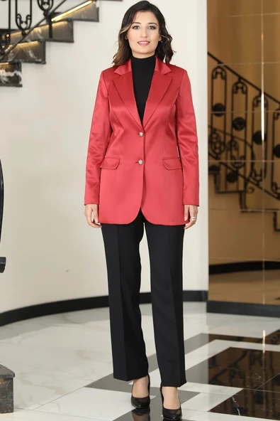 Yaren Astarlı Saten Ceket Bordo - Resim 2