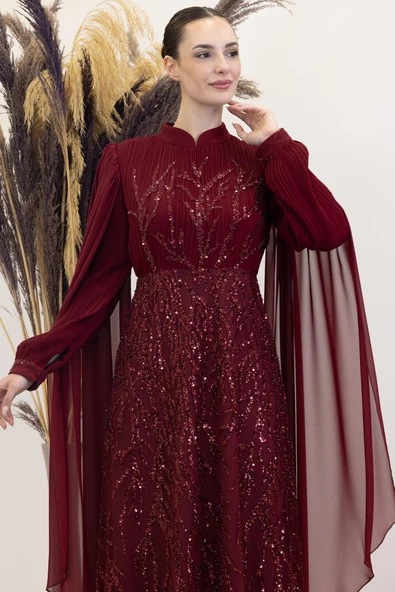 Kolları Pelerinli Ezgi Tesettür Abiye Bordo - Resim 2