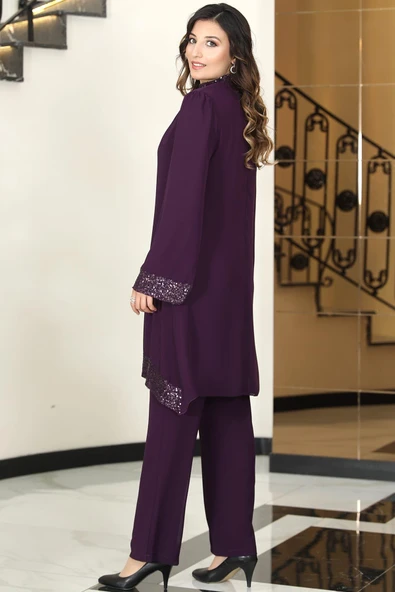 Umay Şifon Tunik Pantolon İkili Tesettür Takım Mürdüm - Resim 3
