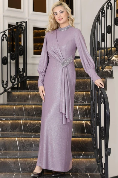 Açelya Sarkaçlı Taşlı Tesettür Abiye Lavanta ürün görseli