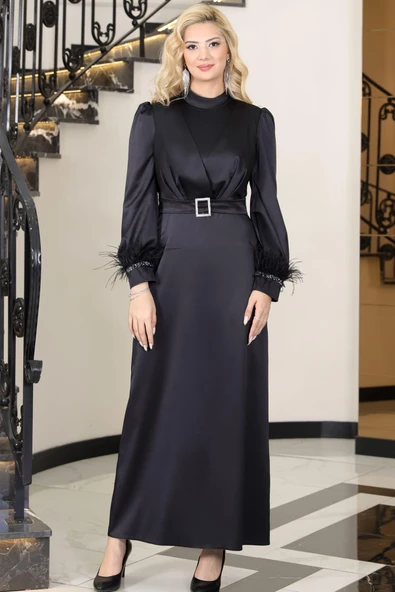 Lara Kemerli Saten Tesettür Abiye Siyah